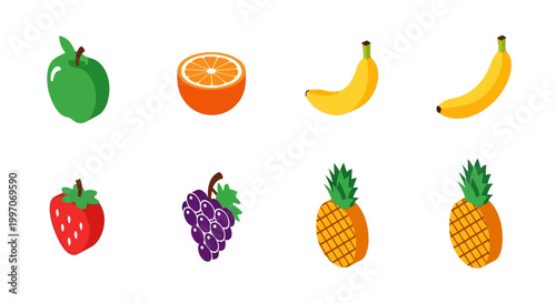 Isometric Fruit Illustration Featuring Apple, Orange, Banana, Grapes, Strawberry and Pineapple