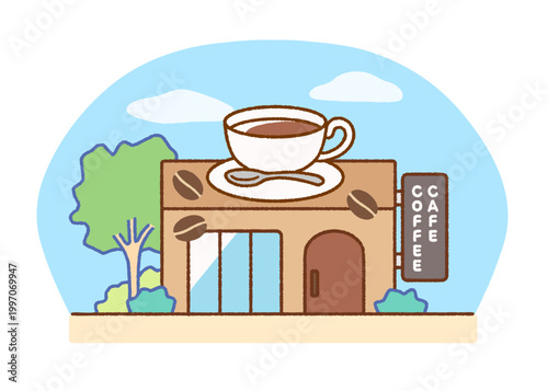 カフェ・コーヒーショップの外観イラスト｜店舗・建物・喫茶店