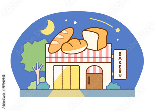 夜のパン屋の外観イラスト｜店舗・建物・ベーカリー