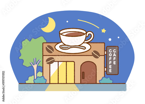 夜のカフェ・コーヒーショップの外観イラスト｜店舗・喫茶店・24時間営業