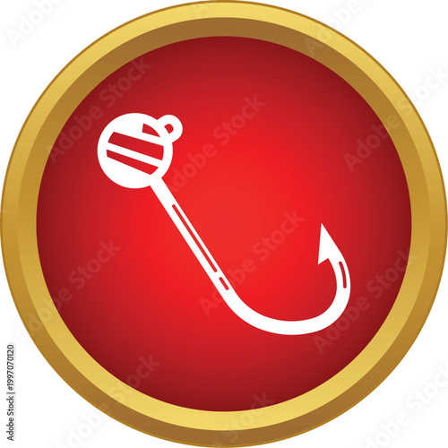 White jig head fishing hook displayed in a red circle with a gold rim