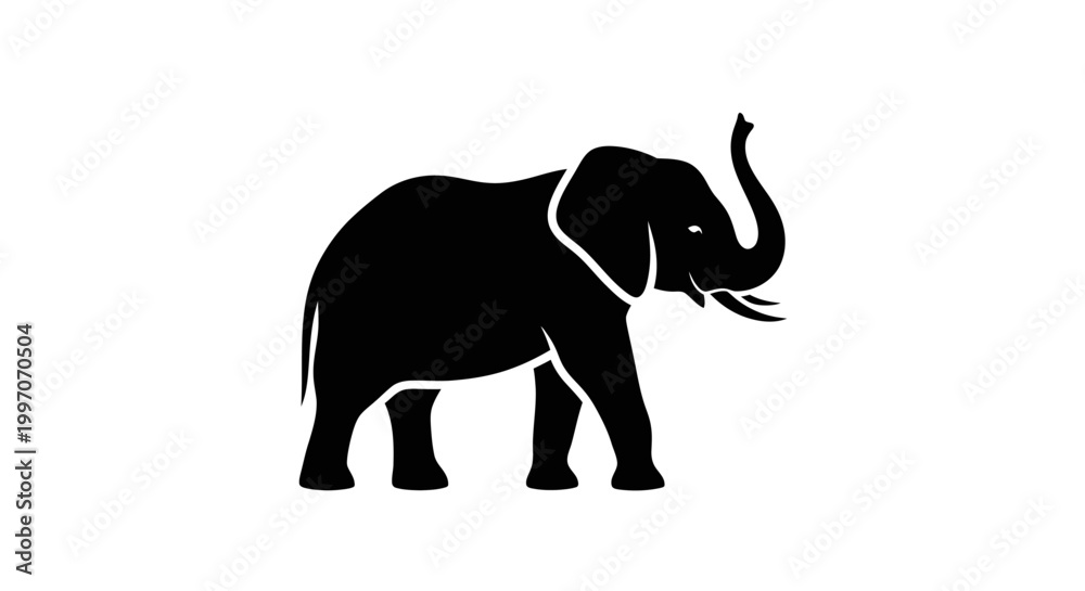 Obraz premium Silhouette illustration of an elephant with trunk raised, against a white background.