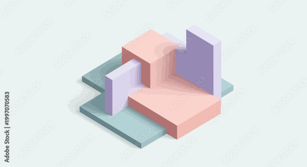 Fototapeta premium Isometric architectural composition with vibrant colors and geometric forms on a light backdrop