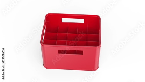 Empty red plastic beer crate on white background