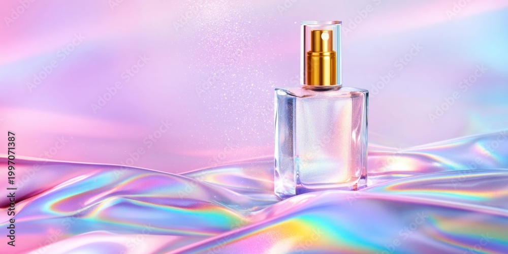 Naklejka premium Elegant transparent cosmetic spray bottle with golden accents on iridescent fabric