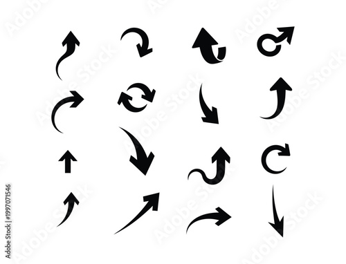 Collection of black arrow icons diverse directions and circular movements