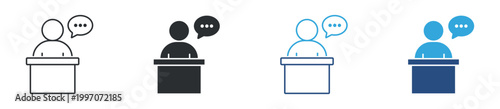 Public speaking icon set. Speaker at podium symbol. Presentation and communication icons, vector illustration.