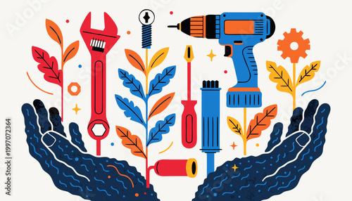 Hands cradling colorful tools and plants symbolizing growth and maintenance