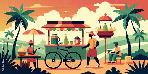Vibrant street food vendors and customers in a tropical setting serve and enjoy refreshments