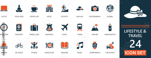 Lifestyle and Travel Icon Set . wellness, lifestyle,  adventure, exploration, sustainability, luggage, and smart tourism for web and apps.