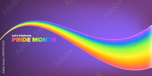 Let's Celebrate Pride Month modern banner on a deep purple background. A vibrant, flowing 3D rainbow wave banner. Ideal for June events, social media headers, and LGBTQ community support.
