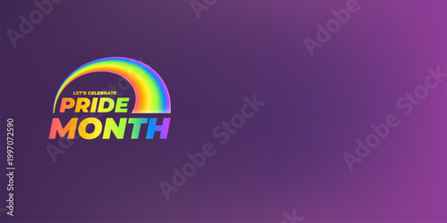 Let's Celebrate Pride Month modern banner on a deep purple background. A vibrant, flowing 3D rainbow wave banner. Ideal for June events, social media headers, and LGBTQ community support.