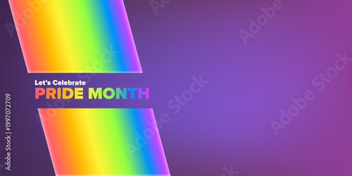 Let's Celebrate Pride Month modern banner on a deep purple background. A vibrant, flowing 3D rainbow wave banner. Ideal for June events, social media headers, and LGBTQ community support.