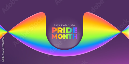 Let's Celebrate Pride Month modern banner on a deep purple background. A vibrant, flowing 3D rainbow wave banner. Ideal for June events, social media headers, and LGBTQ community support.