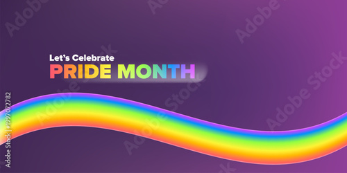 Let's Celebrate Pride Month modern banner on a deep purple background. A vibrant, flowing 3D rainbow wave banner. Ideal for June events, social media headers, and LGBTQ community support.