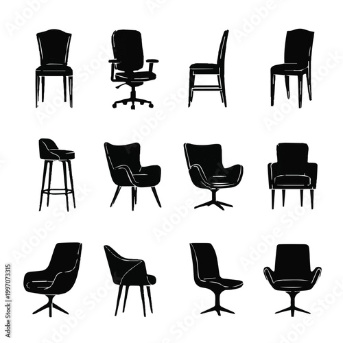 Collection of various office and home furniture chairs in silhouette