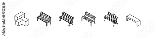 Vector icons of various outdoor benches in a clean line style, featuring minimalist park seats, a decorative wrought-iron bench, and a classic wooden picnic table.