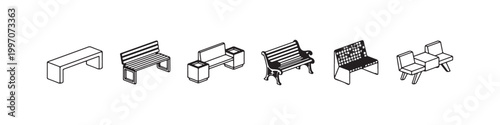 Vector icons of various outdoor benches in a clean line style, featuring minimalist park seats, a decorative wrought-iron bench, and a classic wooden picnic table.