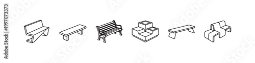 Vector icons of various outdoor benches in a clean line style, featuring minimalist park seats, a decorative wrought-iron bench, and a classic wooden picnic table.