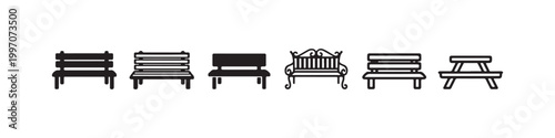 Vector icons of various outdoor benches in a clean line style, featuring minimalist park seats, a decorative wrought-iron bench, and a classic wooden picnic table.
