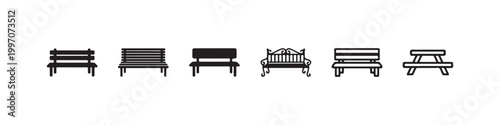 Vector icons of various outdoor benches in a clean line style, featuring minimalist park seats, a decorative wrought-iron bench, and a classic wooden picnic table.