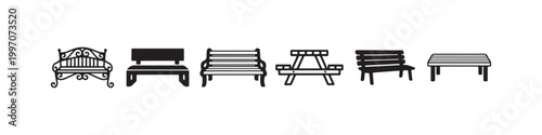 Vector icons of various outdoor benches in a clean line style, featuring minimalist park seats, a decorative wrought-iron bench, and a classic wooden picnic table.