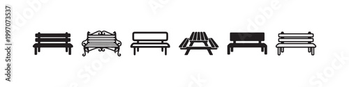 Vector icons of various outdoor benches in a clean line style, featuring minimalist park seats, a decorative wrought-iron bench, and a classic wooden picnic table.