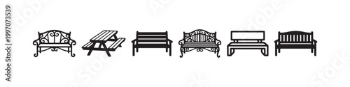 Vector icons of various outdoor benches in a clean line style, featuring minimalist park seats, a decorative wrought-iron bench, and a classic wooden picnic table.