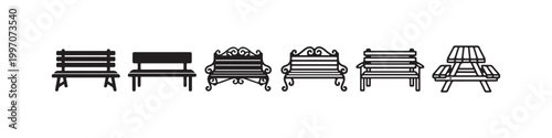 Vector icons of various outdoor benches in a clean line style, featuring minimalist park seats, a decorative wrought-iron bench, and a classic wooden picnic table.