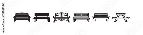 Vector icons of various outdoor benches in a clean line style, featuring minimalist park seats, a decorative wrought-iron bench, and a classic wooden picnic table.