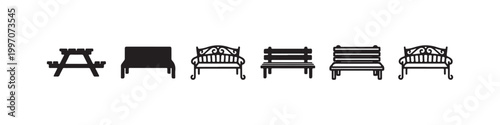 Vector icons of various outdoor benches in a clean line style, featuring minimalist park seats, a decorative wrought-iron bench, and a classic wooden picnic table.