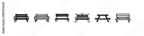 Vector icons of various outdoor benches in a clean line style, featuring minimalist park seats, a decorative wrought-iron bench, and a classic wooden picnic table.