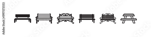 Vector icons of various outdoor benches in a clean line style, featuring minimalist park seats, a decorative wrought-iron bench, and a classic wooden picnic table.
