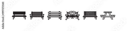 Vector icons of various outdoor benches in a clean line style, featuring minimalist park seats, a decorative wrought-iron bench, and a classic wooden picnic table.