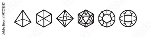 Vector icons of various 3D geometric shapes in a minimalist thin line style, including a sphere, cube, icosahedron, tetrahedron, octahedron, and a diamond.