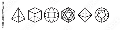 Vector icons of various 3D geometric shapes in a minimalist thin line style, including a sphere, cube, icosahedron, tetrahedron, octahedron, and a diamond.