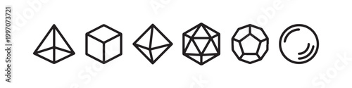 Vector icons of various 3D geometric shapes in a minimalist thin line style, including a sphere, cube, icosahedron, tetrahedron, octahedron, and a diamond.