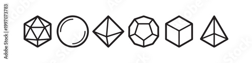 Vector icons of various 3D geometric shapes in a minimalist thin line style, including a sphere, cube, icosahedron, tetrahedron, octahedron, and a diamond.
