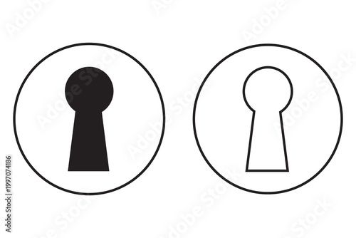 Collection of black keyhole vector icons. Door key hole symbol. Trendy flat and line art design collection. Vintage door lock silhouette symbol.