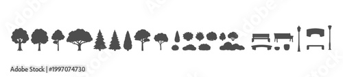 Landscape Elements Silhouette Set with Trees Bushes Benches and Street Lamps, Black Nature and Park Furniture Vector Collection for Architectural Drawings and Urban Design