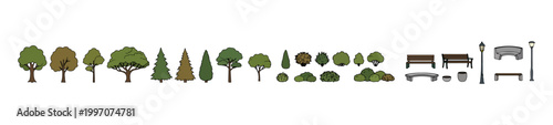 Hand Drawn Landscape Elements Set with Trees Bushes Benches and Street Lamps, Top View and Elevation Park Design Vector Collection for Urban Planning and Architectural Drawings