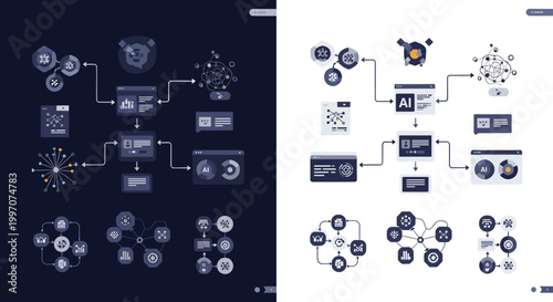 A modern infographic illustrating interconnected systems, representing data flow, digital transformation, and streamlined processes for business opera