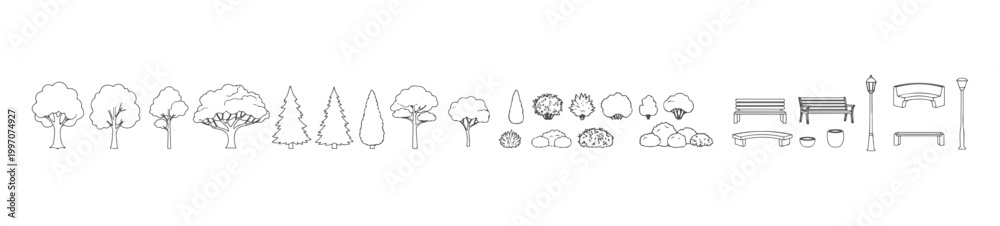 Obraz premium White Fill Landscape Elements Set with Trees Bushes Benches and Street Lamps, Clean Solid Shape Vector Collection for Park Design, Urban Planning and Architectural Drawings