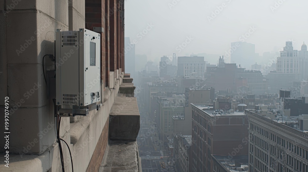 Naklejka premium Environmental monitoring device detecting urban air pollution