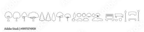 Outline Landscape Elements Set with Trees Bushes Benches and Street Lamps, Line Art Nature and Park Furniture Vector Collection for Architectural Plans and Urban Landscape Design