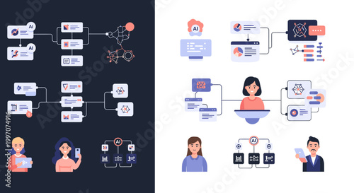 A cheerful illustration showing focused individuals connected digitally. Perfect for conveying collaboration, online meetings, and modern communicatio