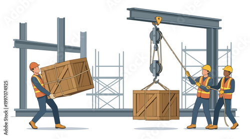 Construction Workers Lifting Heavy Crates with Crane at Building Site Industrial Scene Vector Illustration