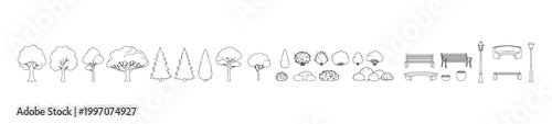 White Fill Landscape Elements Set with Trees Bushes Benches and Street Lamps, Clean Solid Shape Vector Collection for Park Design, Urban Planning and Architectural Drawings