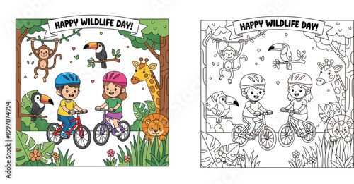 "Happy Wildlife Day" Kids Biking with Jungle Animals - Conservation Cartoon Vector