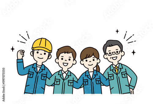 同僚・社長と肩を組む、作業服を着た複数の男女の従業員・作業員の上半身ベクターイラスト素材